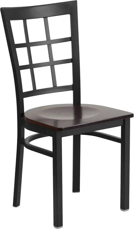 Dyersburg Metal Chair Black Window Back, Walnut Wood Seat iHome Studio