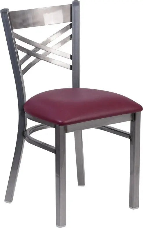 Dyersburg Metal Chair Clear Coat ''X'' Style Back, Burgundy Vinyl Seat iHome Studio