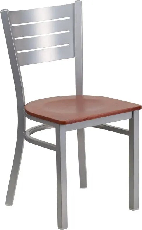 Dyersburg Metal Chair Silver Slat Back, Cherry Wood Seat iHome Studio