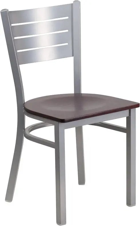 Dyersburg Metal Chair Silver Slat Back, Mahogany Wood Seat iHome Studio