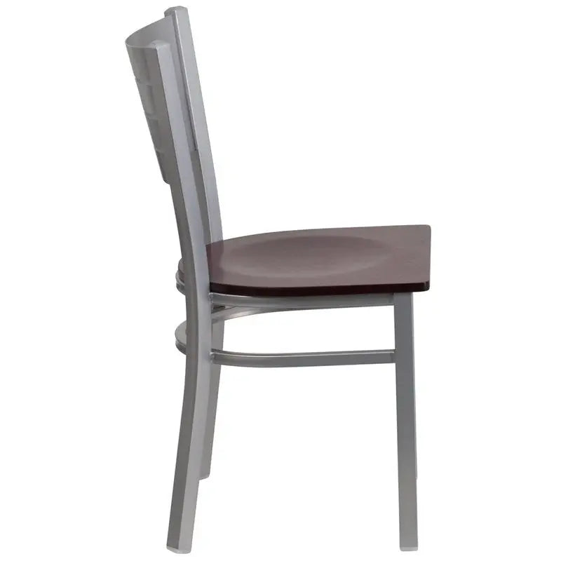 Dyersburg Metal Chair Silver Slat Back, Mahogany Wood Seat iHome Studio