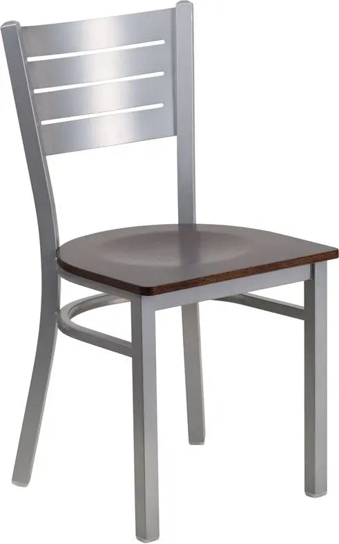 Dyersburg Metal Chair Silver Slat Back, Walnut Wood Seat iHome Studio