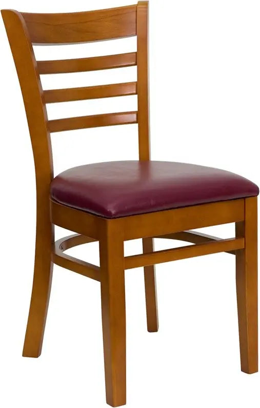 Dyersburg Wood Chair Ladder Back Cherry, Burgundy Vinyl Seat iHome Studio