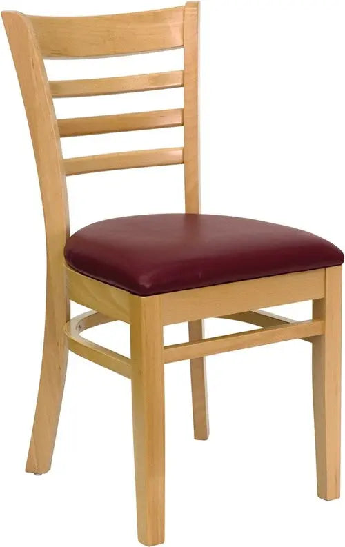 Dyersburg Wood Chair Ladder Back Natural, Burgundy Vinyl Seat iHome Studio