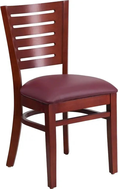 Dyersburg Wood Chair Slat Back Mahogany, Burgundy Vinyl Seat iHome Studio