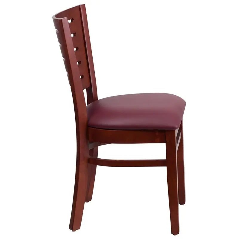 Dyersburg Wood Chair Slat Back Mahogany, Burgundy Vinyl Seat iHome Studio