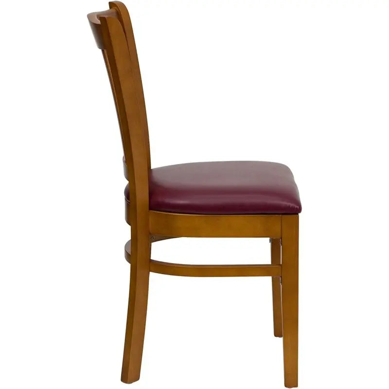 Dyersburg Wood Chair Vertical Slat Back Cherry, Burgundy Vinyl Seat iHome Studio