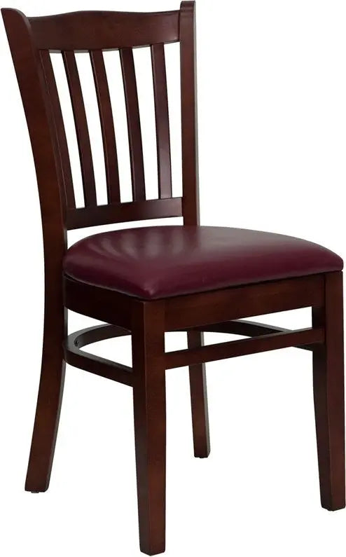 Dyersburg Wood Chair Vertical Slat Back Mahogany, Burgundy Vinyl Seat iHome Studio