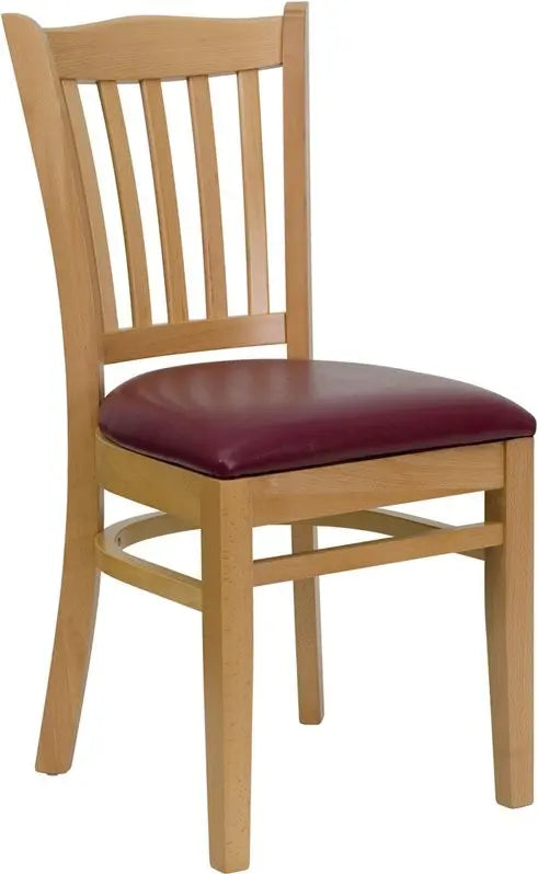 Dyersburg Wood Chair Vertical Slat Back Natural, Burgundy Vinyl Seat iHome Studio