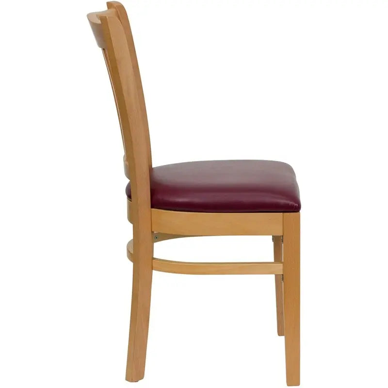 Dyersburg Wood Chair Vertical Slat Back Natural, Burgundy Vinyl Seat iHome Studio