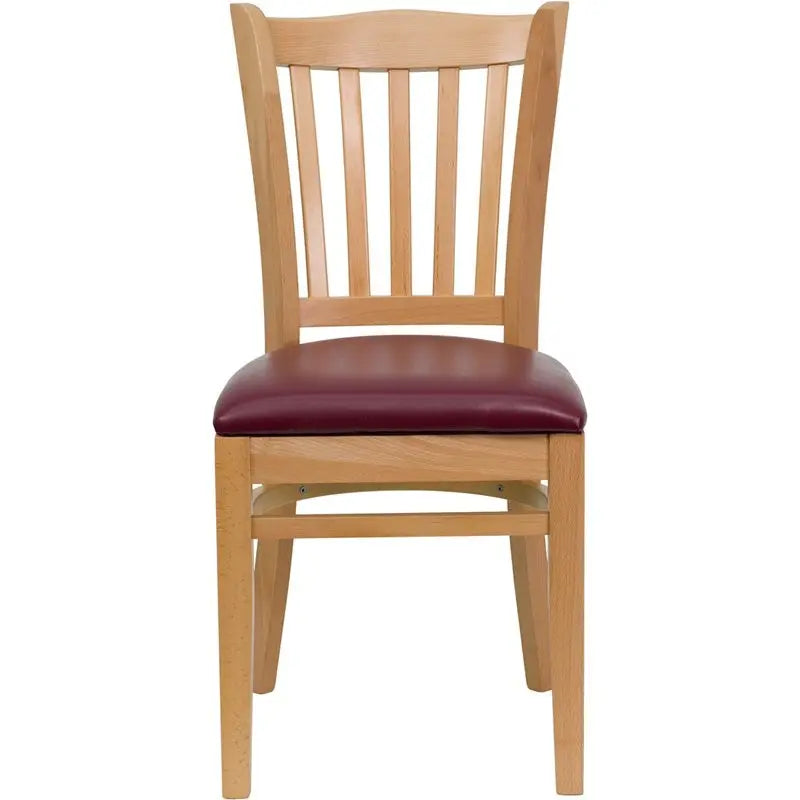 Dyersburg Wood Chair Vertical Slat Back Natural, Burgundy Vinyl Seat iHome Studio