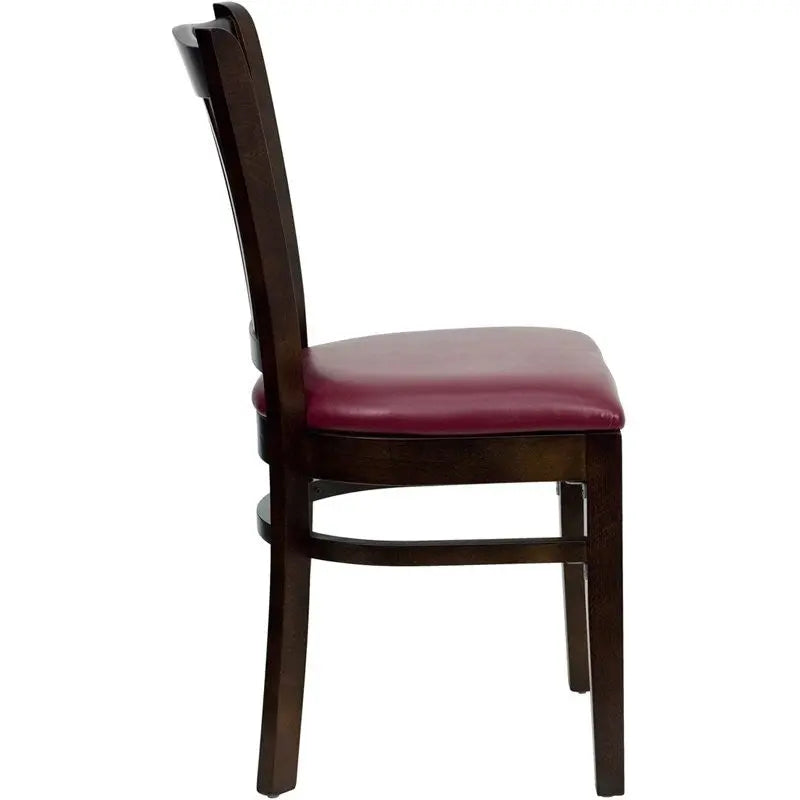Dyersburg Wood Chair Vertical Slat Back Walnut, Burgundy Vinyl Seat iHome Studio