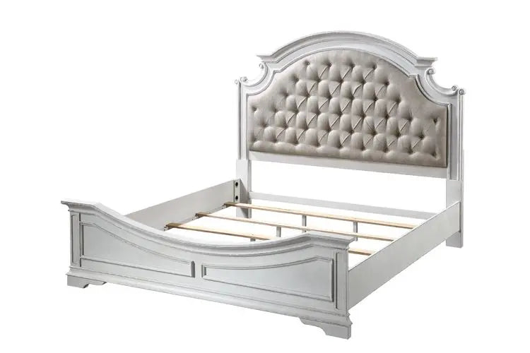 Dylan King Bed, Beige Faux Leather & Antique White Finish iHome Studio