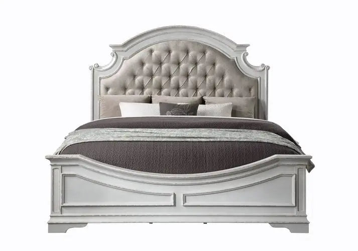 Dylan King Bed, Beige Faux Leather & Antique White Finish iHome Studio