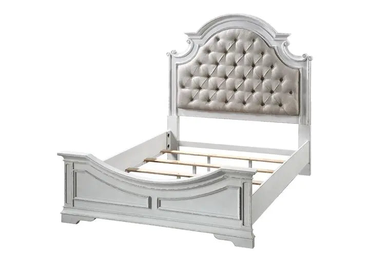 Dylan Queen Bed , Beige Faux Leather & Antique White Finish iHome Studio