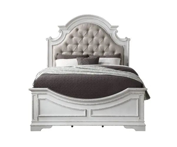 Dylan Queen Bed , Beige Faux Leather & Antique White Finish iHome Studio