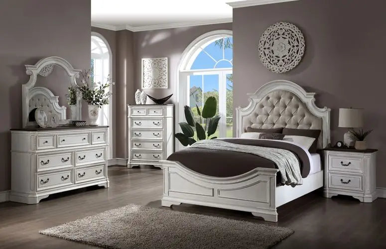 Dylan Queen Bed , Beige Faux Leather & Antique White Finish iHome Studio