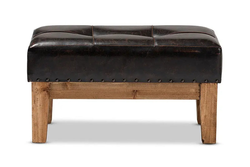 Easton Rustic Dark Brown Faux Leather Upholstered 2-Piece Wood Ottoman Set iHome Studio