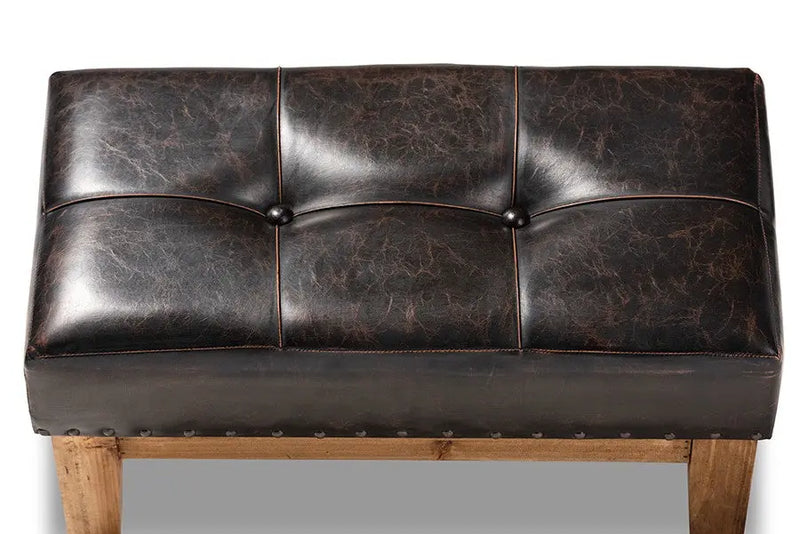 Easton Rustic Dark Brown Faux Leather Upholstered 2-Piece Wood Ottoman Set iHome Studio