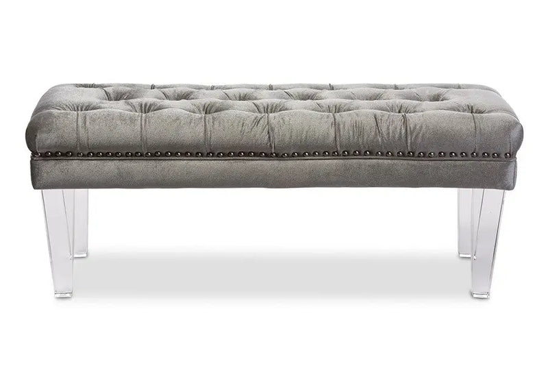 Edna Rectangular Grey Microsuede Fabric Upholstered Lux Tufted Ottoman Bench iHome Studio