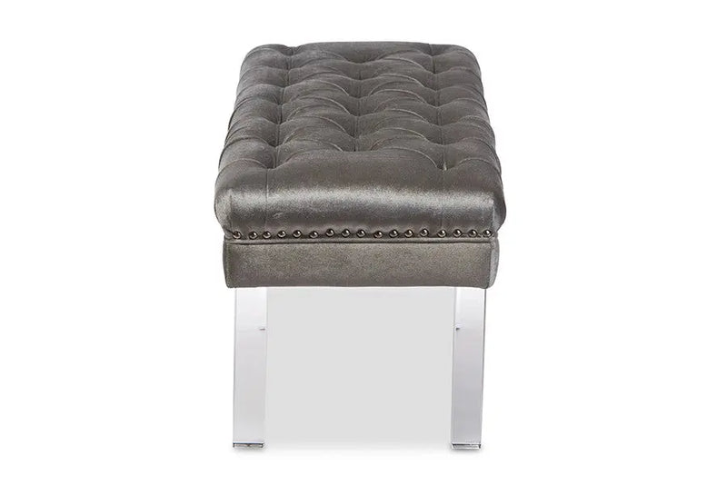 Edna Rectangular Grey Microsuede Fabric Upholstered Lux Tufted Ottoman Bench iHome Studio