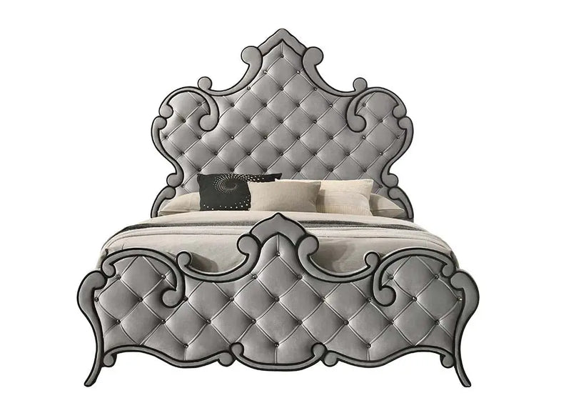 Edward Queen Bed w/Tufted Headboard, Gray Velvet iHome Studio