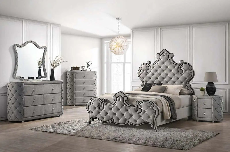 Edward Queen Bed w/Tufted Headboard, Gray Velvet iHome Studio