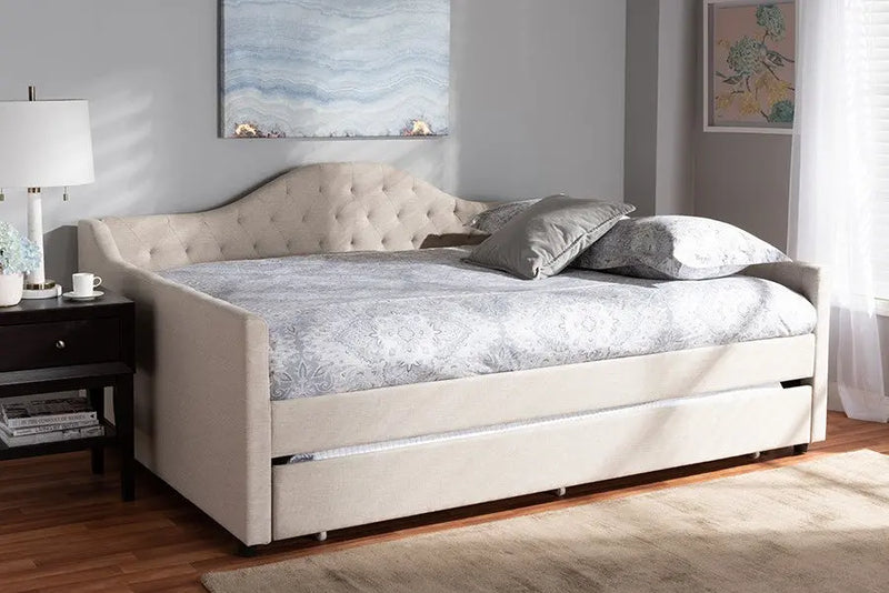 Eliza Light Beige Fabric Upholstered Daybed w/Trundle (Full) iHome Studio