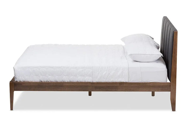 Ember Dark Grey Fabric & Brown Finish Wood Platform Bed w/Tapered Legs (Full) iHome Studio