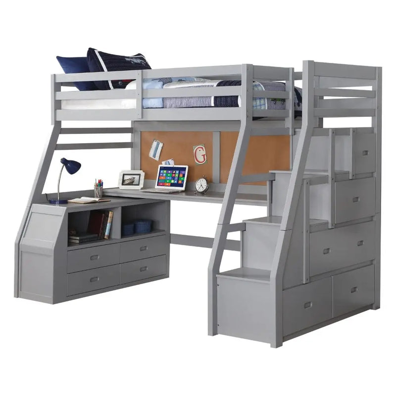 Emmalyn Twin Loft Bed w/Storage and Desk - White, Gray iHome Studio