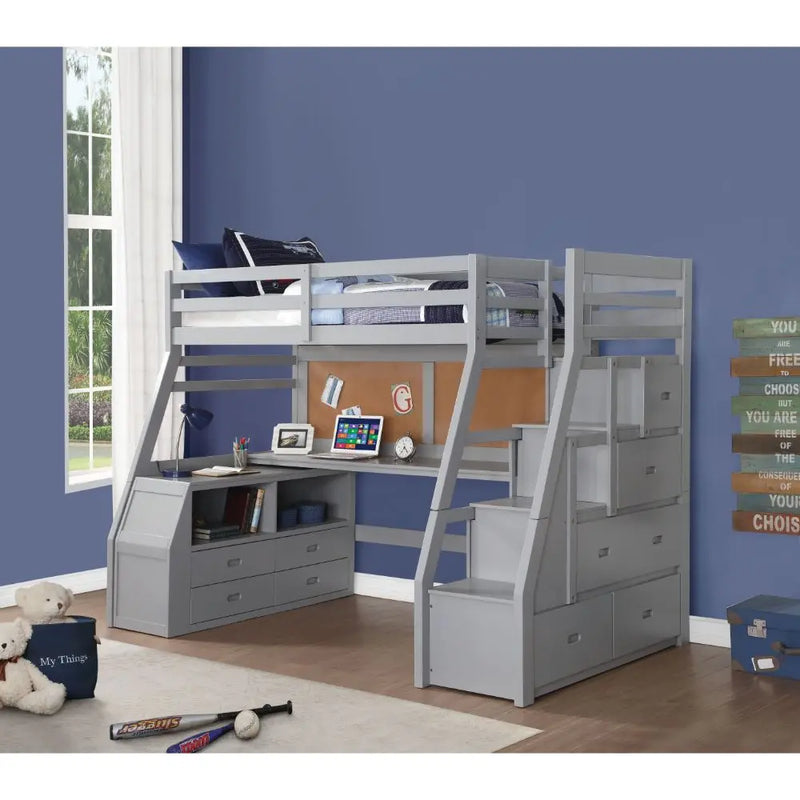 Emmalyn Twin Loft Bed w/Storage and Desk - White, Gray iHome Studio