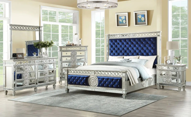 Emmitt Button Tufted Queen Bed, Blue Velvet & Mirrored iHome Studio