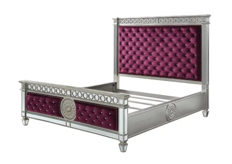 Emmitt Button Tufted Queen Bed, Burgundy Velvet & Mirrored iHome Studio