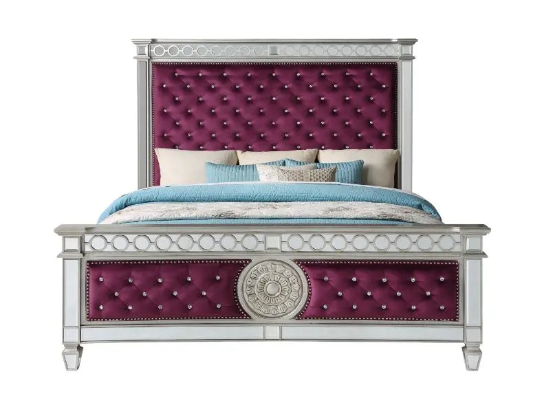 Emmitt Button Tufted Queen Bed, Burgundy Velvet & Mirrored iHome Studio