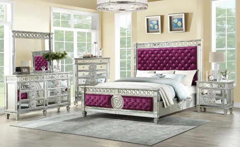 Emmitt Button Tufted Queen Bed, Burgundy Velvet & Mirrored iHome Studio