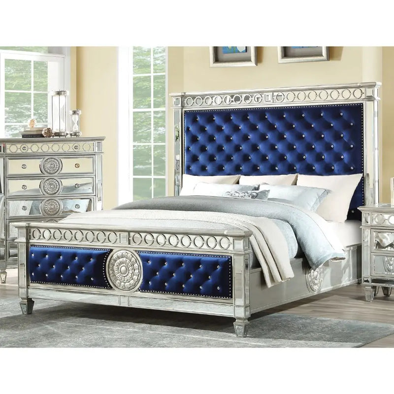 Emmitt King Bed, Blue Velvet & Mirrored iHome Studio