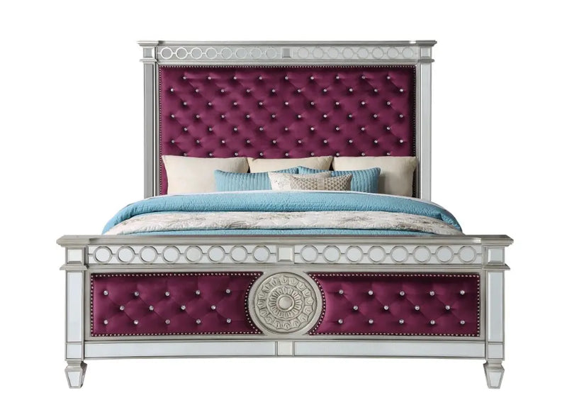 Emmitt King Bed, Burgundy Velvet & Mirrored iHome Studio