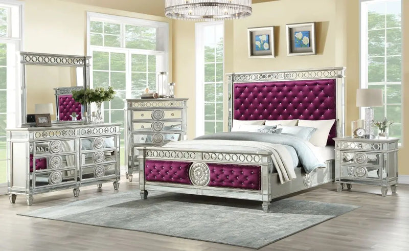 Emmitt King Bed, Burgundy Velvet & Mirrored iHome Studio