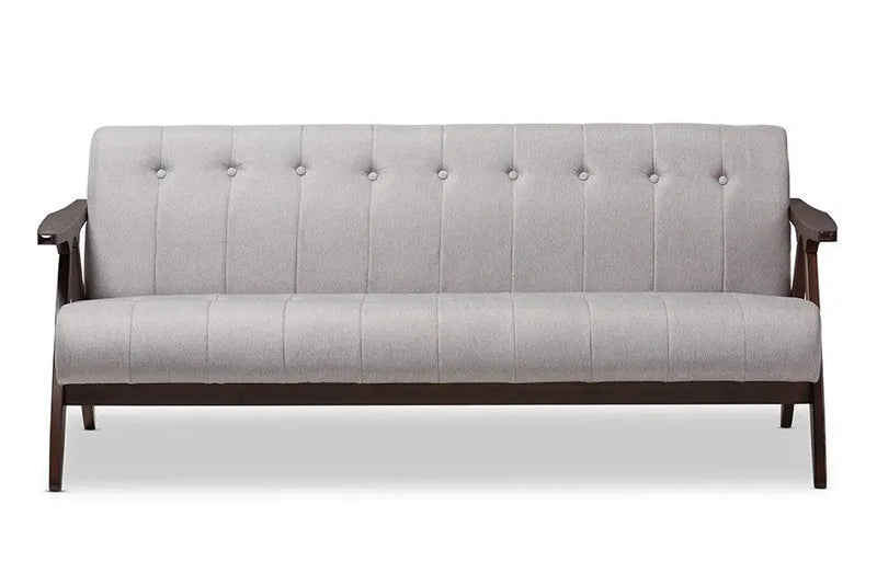 Enya Walnut Wood Grey Fabric Button-Tufted 3-Seater Sofa iHome Studio