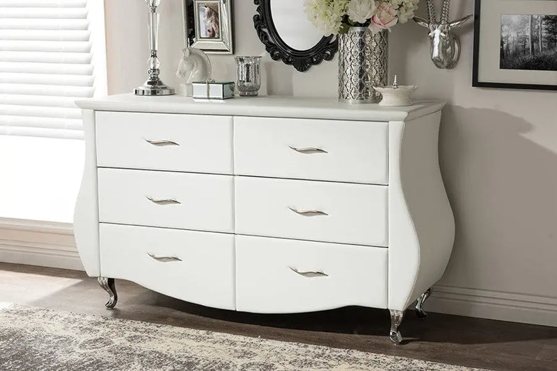 Enzo Modern and Contemporary White Faux Leather 6-Drawer Dresser iHome Studio