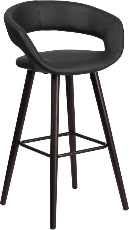 Estella "Aida" Rounded Low-Back 29''H Cappuccino Wood Bar Barstool, Black Vinyl iHome Studio