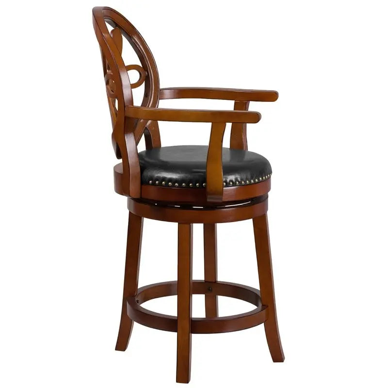 Estella 26'' Brandy Wood Counter Stool w/Arms & Black Leather Swivel Seat iHome Studio