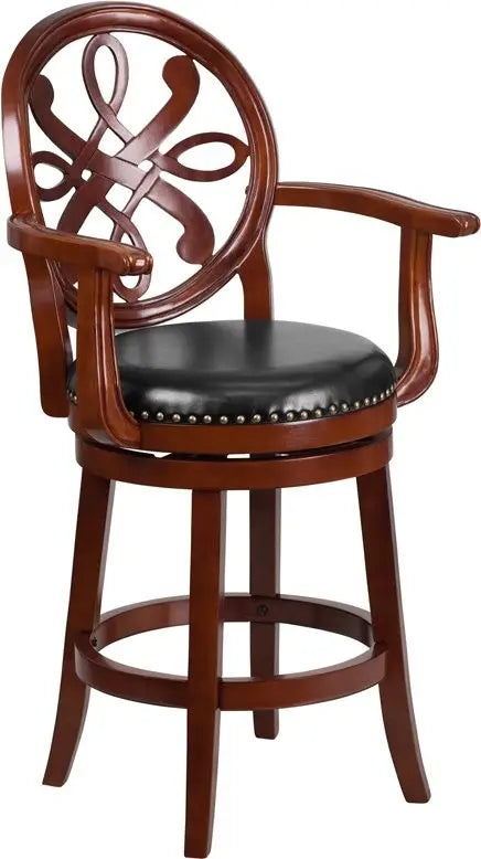 Estella 26'' Cherry Wood Counter Stool w/Arms & Black Leather Swivel Seat iHome Studio