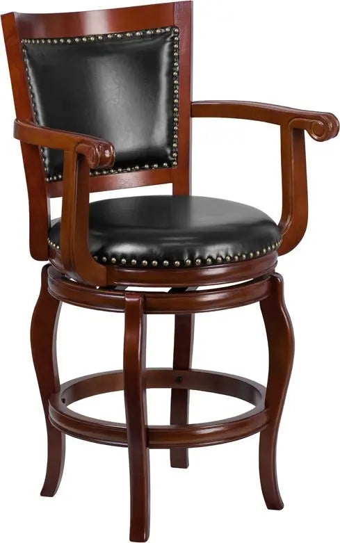 Estella 26'' Panel Back Cherry Wood Counter Stool w/Black Leather Swivel iHome Studio