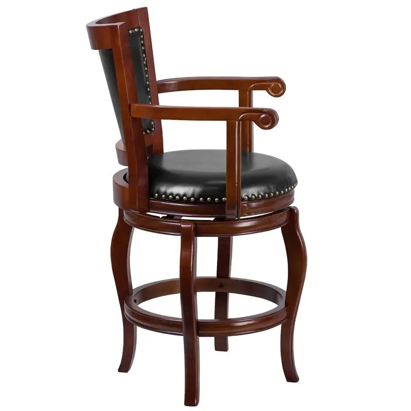 Estella 26'' Panel Back Cherry Wood Counter Stool w/Black Leather Swivel iHome Studio