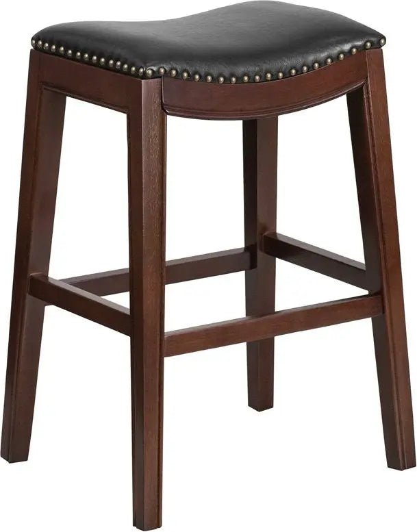Estella 30'' Backless Cappuccino Wood Bar Stool w/Black Leather Saddle Seat iHome Studio