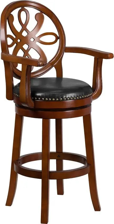 Estella 30'' Brandy Wood Bar Stool w/Arms & Black Leather Swivel Seat iHome Studio