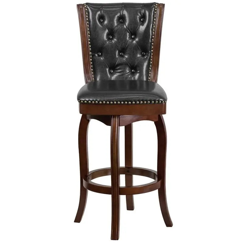 Estella 30'' Button Tufted Cappuccino Wood Bar Stool w/Black Leather iHome Studio