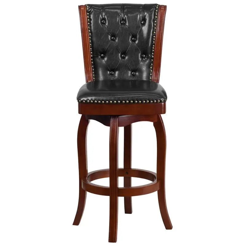 Estella 30'' Button Tufted Cherry Wood Bar Stool w/Black Leather Swivel iHome Studio