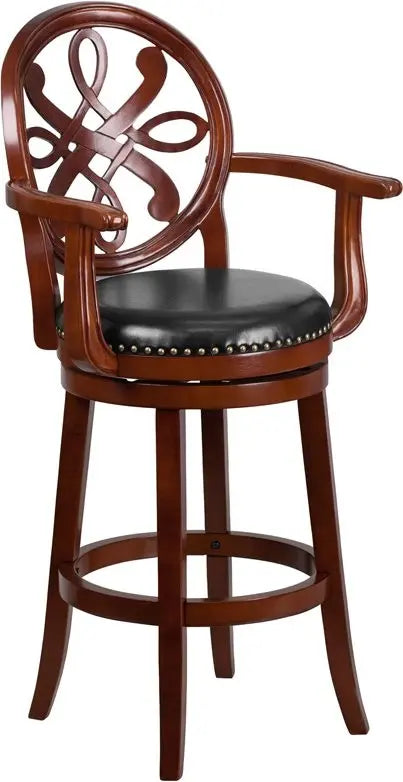 Estella 30'' Cherry Wood Bar Stool w/Arms & Black Leather Swivel Seat iHome Studio